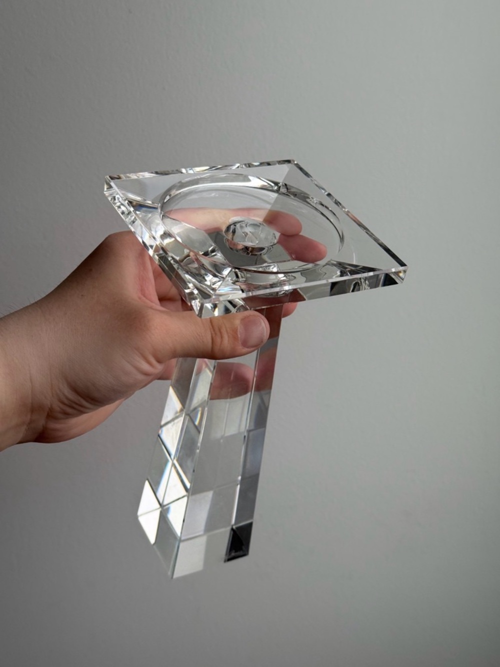 Vintage Oleg Cassini Signed Crystal Taper Candle Holder Optical Illusion 4x8”